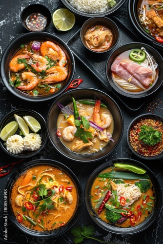 A variety of Asian dishes are displayed on a black table. The dishes include shrimp, soup, and other foods. The table is set with bowls, spoons, and other utensils. Scene is inviting and appetizing