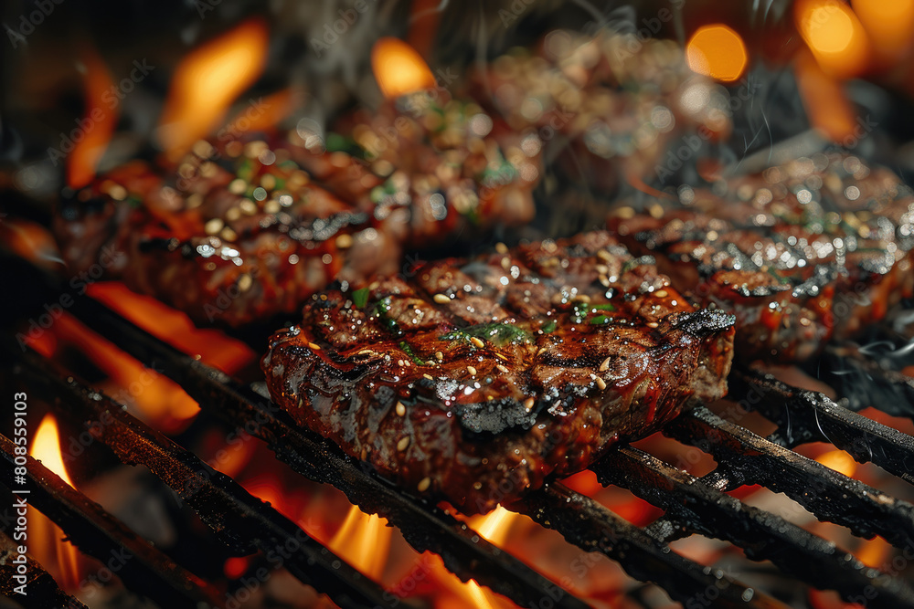 The sizzling beef steaks on the grill, perfectly grilled and golden brown. Created with Ai