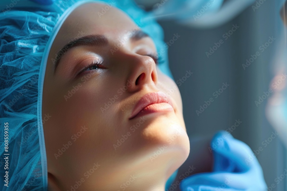 A woman is wearing a blue surgical mask and is looking at the camera. She is in a hospital setting A woman is wearing a blue surgical mask and is looking at the camera. She is in a hospital setting