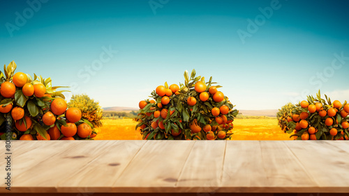Empty wood table with free space over orange trees  orange field background. Generative Ai