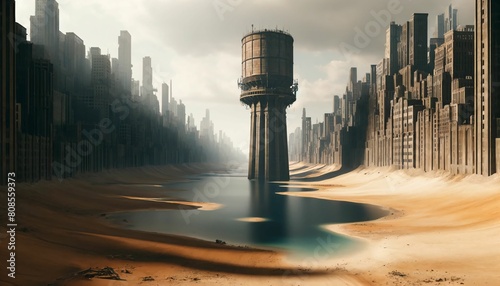 City with dried lake and water tower photo
