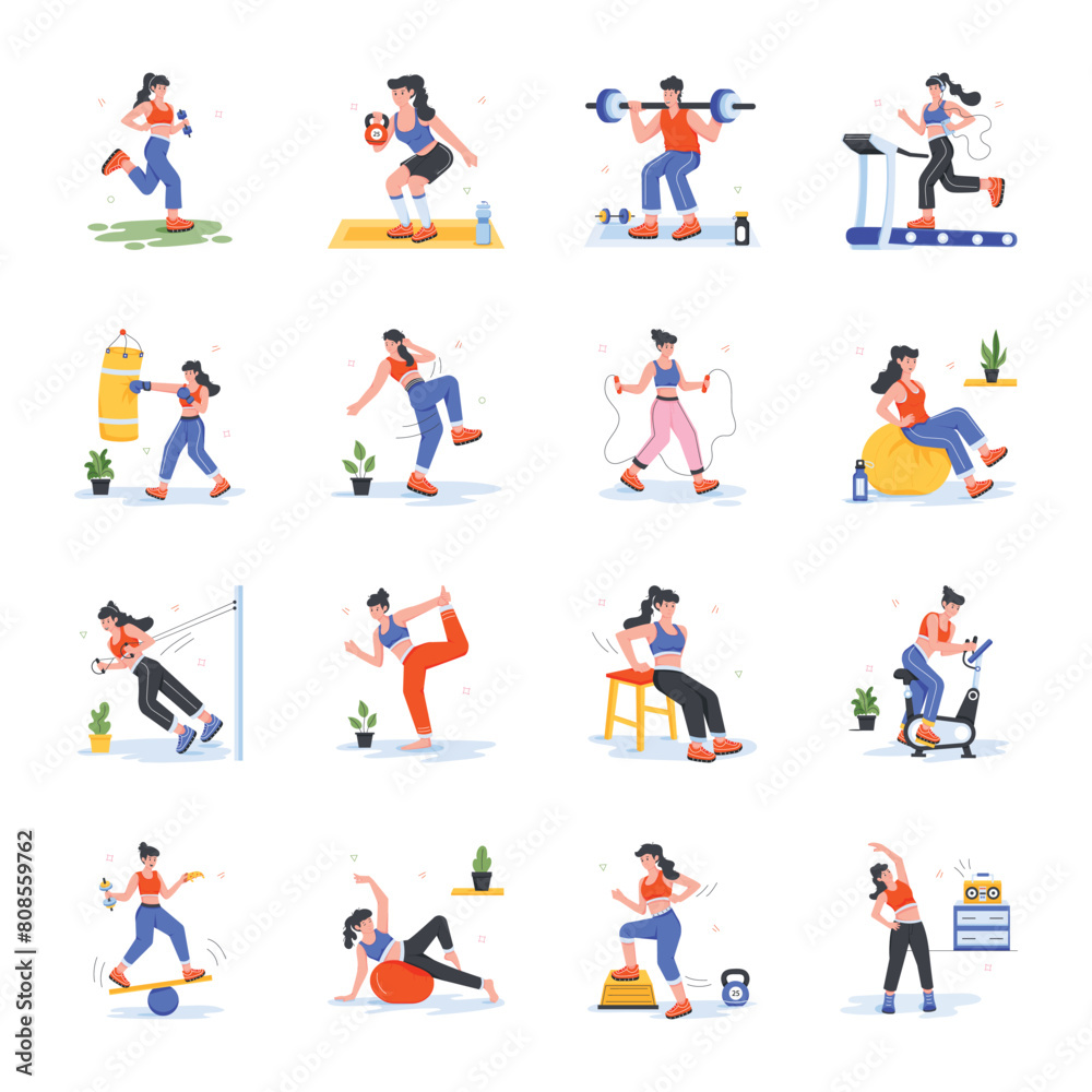 Gym and Fitness Flat Mini Illustrations