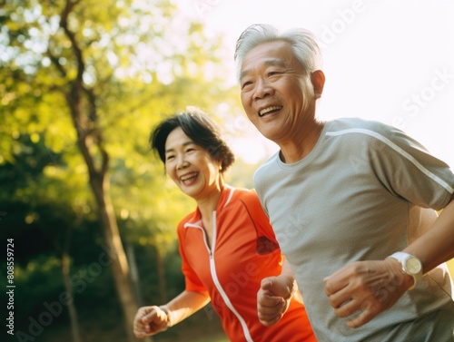 A couple of older people are running in a park  smiling and enjoying themselves. Concept of happiness and positivity  as the couple is engaging in a healthy and active lifestyle together