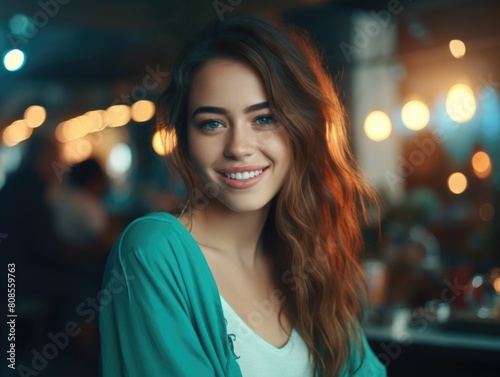 A woman with long brown hair and a green jacket is smiling at the camera. The image has a warm and friendly mood, with the woman's smile and the bright colors of her outfit