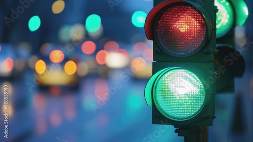 A traffic light with a green light is lit up in the middle of a busy street. The traffic light is surrounded by cars and other vehicles, indicating that it is a busy intersection photo
