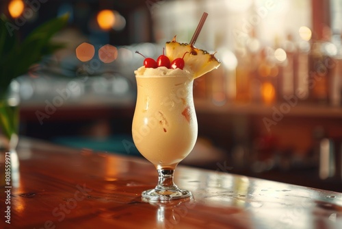 A glass of a tropical drink with a cherry on top. The drink is served on a wooden table