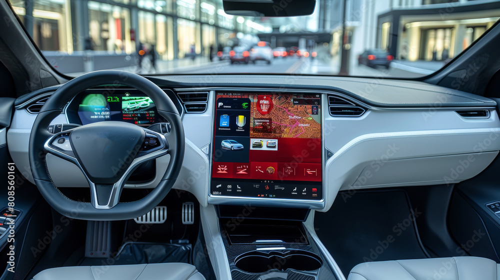 In the interior of an electric car, there is a large screen which displays various information about driving and charging. Generative AI. In the interior of an electric car, there is a large screen which displays various information about driving and charging. Generative AI.