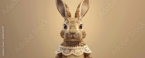 A Whimsical Woodland Rabbit Adorned in a Rustic Burlap Dress with Delicate Lace Accents Against a Warm Neutral Background