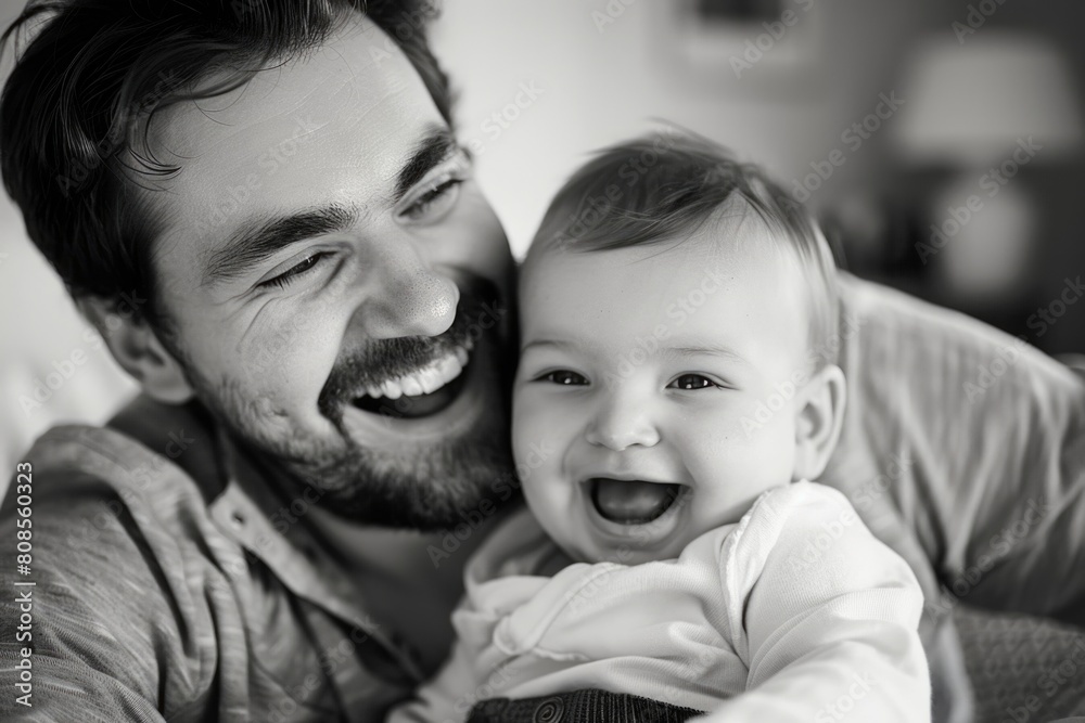 A man is holding a baby and both of them are smiling. The baby is wearing a white shirt