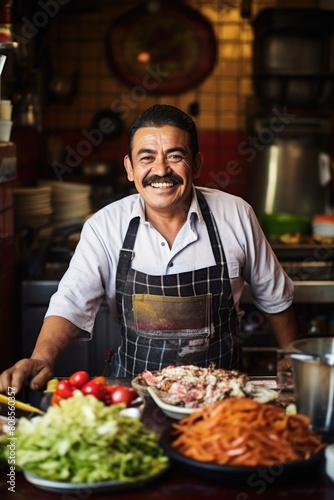 A man with a mustache stands in front of a table full of food. He is smiling and he is happy