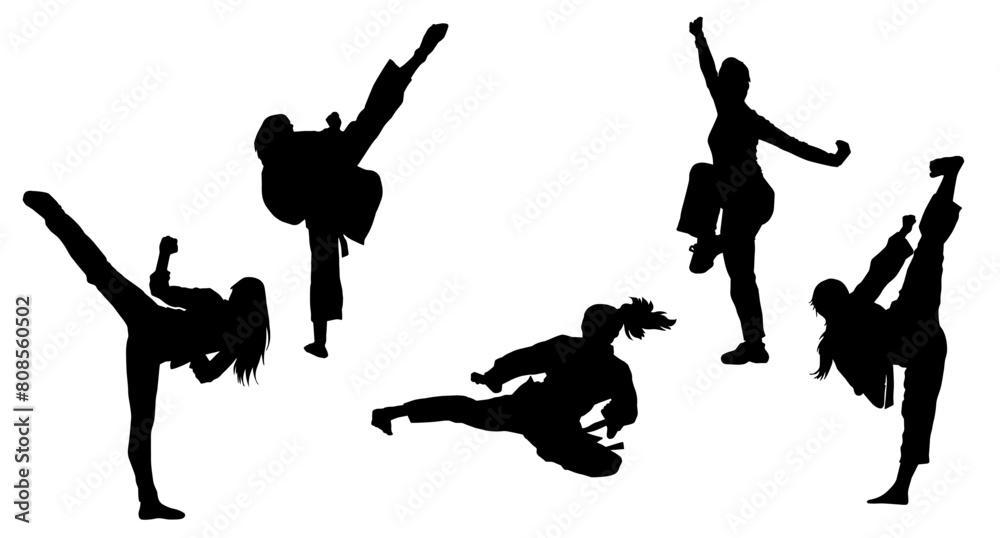 Silhouette collection of woman doing a martial art kick. Silhouette collection of sporty female doing kicking movement.