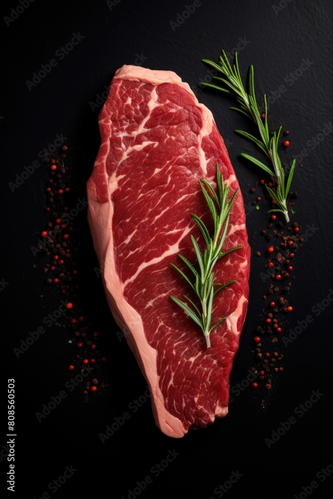 A piece of meat with some herbs and spices on top of it. The meat is cut in half and has a lot of marbling