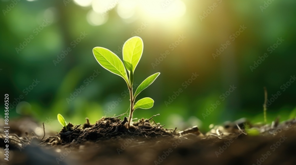 A small green plant is growing in the dirt. The plant is surrounded by dirt and has a few leaves. Concept of growth and new beginnings