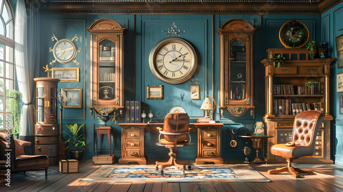 A room decorated in a retro-futuristic steampunk style, featuring a vintage desk, chairs, and a wall clock photo