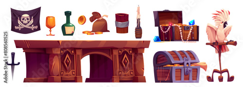 Pirate ship cabin room inside with treasure vector. Wood boat furniture with antique captain desk, chest with crystal gem, parrot and candle. Medieval buccaneer object set for adventure game