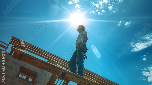 A builders on a worksite, building a house, blue sky and sunshine. Generative AI.