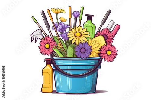 A blue bucket filled with flowers and cleaning supplies. The bucket is filled with a variety of flowers, including daisies, and cleaning supplies such as a bottle of Windex and a bottle of Lysol photo