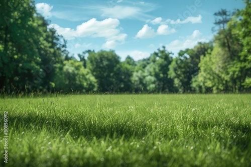 A large  open field of grass with a clear blue sky above. The grass is lush and green  and the sky is filled with fluffy white clouds. The scene is peaceful and serene
