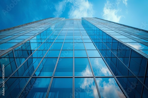 Abstract view looking up at modern concrete and glass building Artistic view of exterior architectural design and detail A modern office building with abstract color background