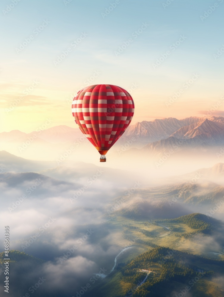 Fototapeta premium A red and white hot air balloon is flying over a mountain range. The balloon is the only object in the image, and it is the main focus of the scene. The sky is cloudy