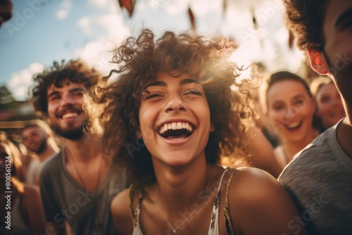 A woman with curly hair is smiling and surrounded by a group of people. Scene is happy and joyful