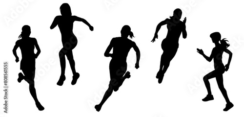 Silhouette collection of sporty female running pose. Silhouette collection of women runner.