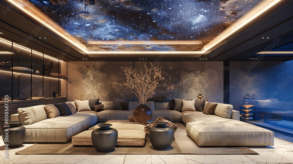 Picture of A high-end living room with a ceiling feature that mimics the night sky ...