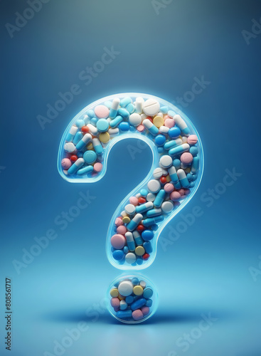 a question mark shaped glass filled with medicine pills photo