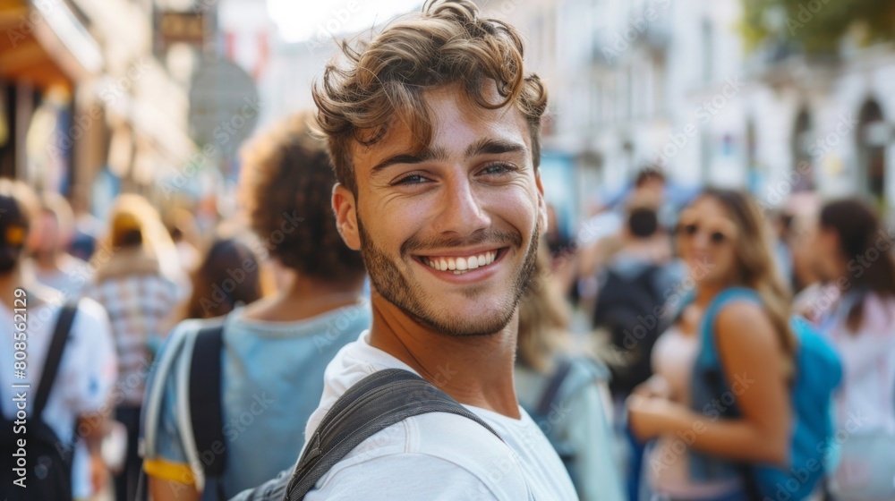 Fototapeta premium Handsome young man on walk in town with people crowd on background