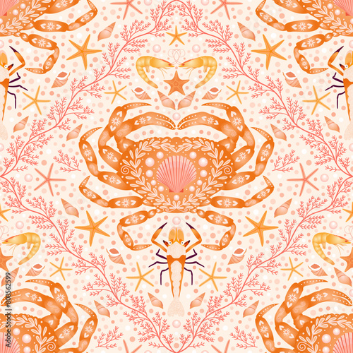 crustaceans sea animals seamless pattern. Orange peach crab emperor shrimp starfish shell pearl conch background. good for fabric, fashion design, wallpaper, textile, wrapping paper, clothing.