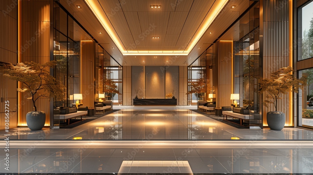 Modern Chinese style hotel lobby, with a light wood and black stone material combination, in a large space, with a minimalist design. Generative AI.