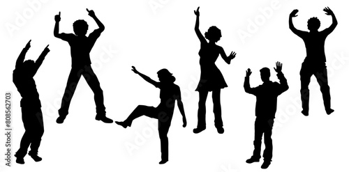 Silhouettte collection of happy people doing dancing pose. Silhouette collection of people disco dance pose photo