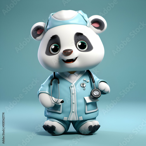 Cartoon panda doctor with stethoscope sitting on blue background