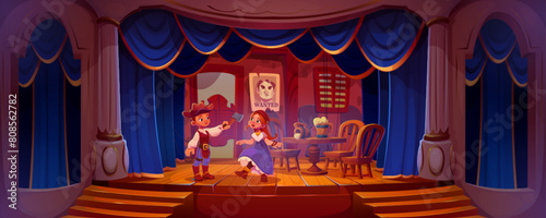 Kids on theatre stage acting performance about texas wild west in saloon. Cartoon vector illustration of children western entertainment. Little boy and girl in costume on scene. Theatrical spectacle.
