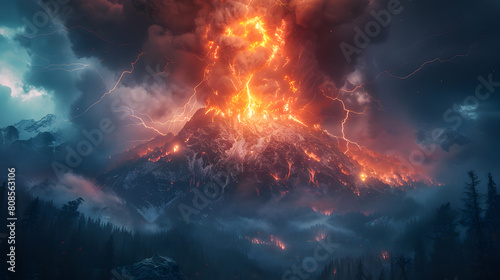 Mountain top in a lightning storm landscape. A mountain with a lightning bolt in the sky