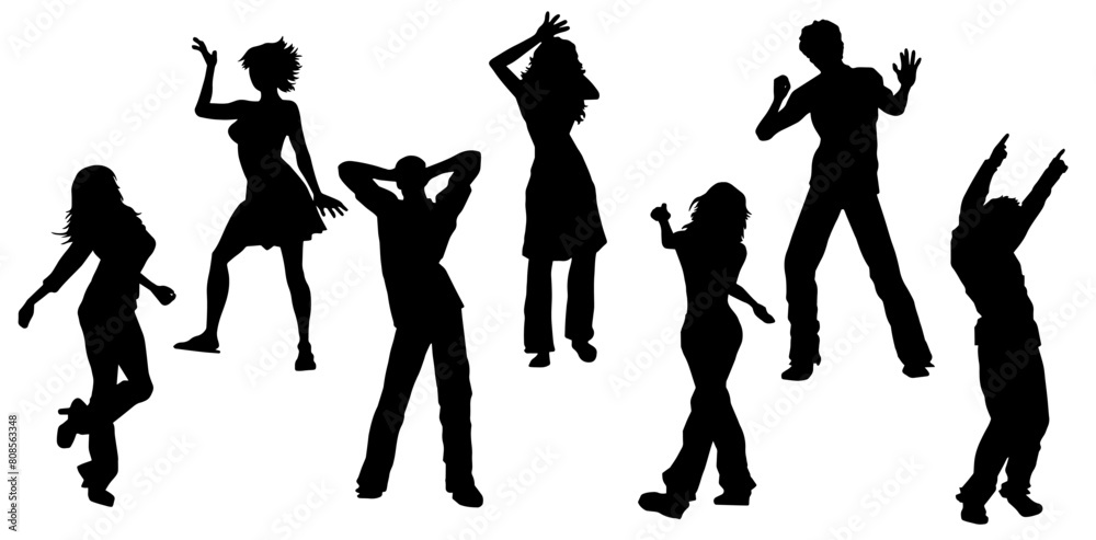 Silhouettte collection of happy people doing dancing pose. Silhouette collection of people disco dance pose