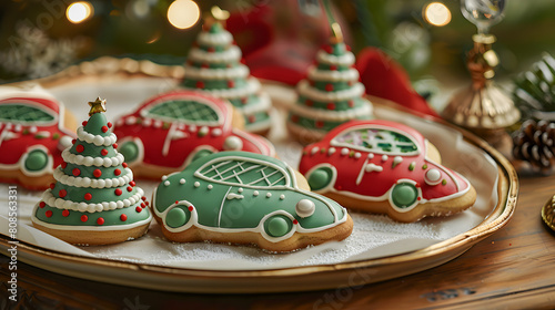 A tray with red, green, and white color decorated cookies shaped like a car and Christmas Trees. Horizontal, side view. Festive atmosphere