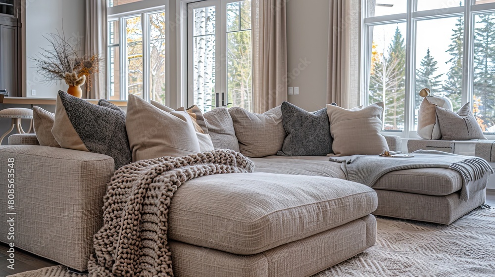 Fototapeta premium A high-end living room with a focus on comfort, featuring plush, oversized sofas, soft throw blankets and pillows, and a warm, inviting color palette that makes the space feel cozy and welcoming