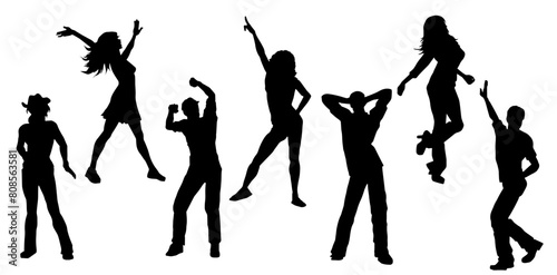 Silhouettte collection of happy people doing dancing pose. Silhouette collection of people disco dance pose photo