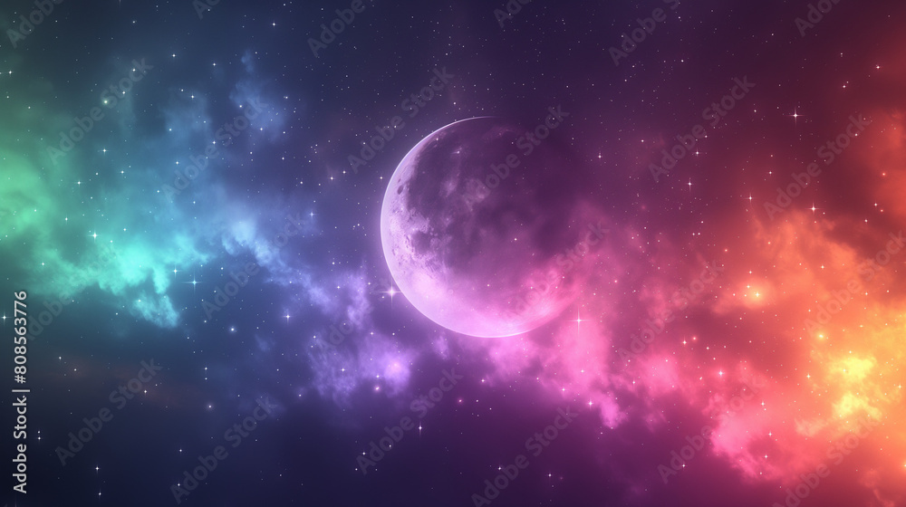 A colorful space background with a large, glowing moon A colorful space background with a large, glowing moon