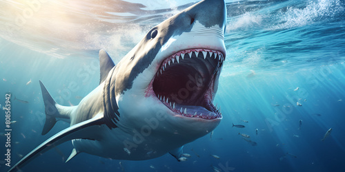 Hyperrealistic Illustration Of A Massive White Shark In Blue Water Thriller DeepSea background
  photo