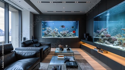 A high-end living room with a large built-in aquarium that spans an entire wall, surrounded by sleek black leather furniture and minimalist decor