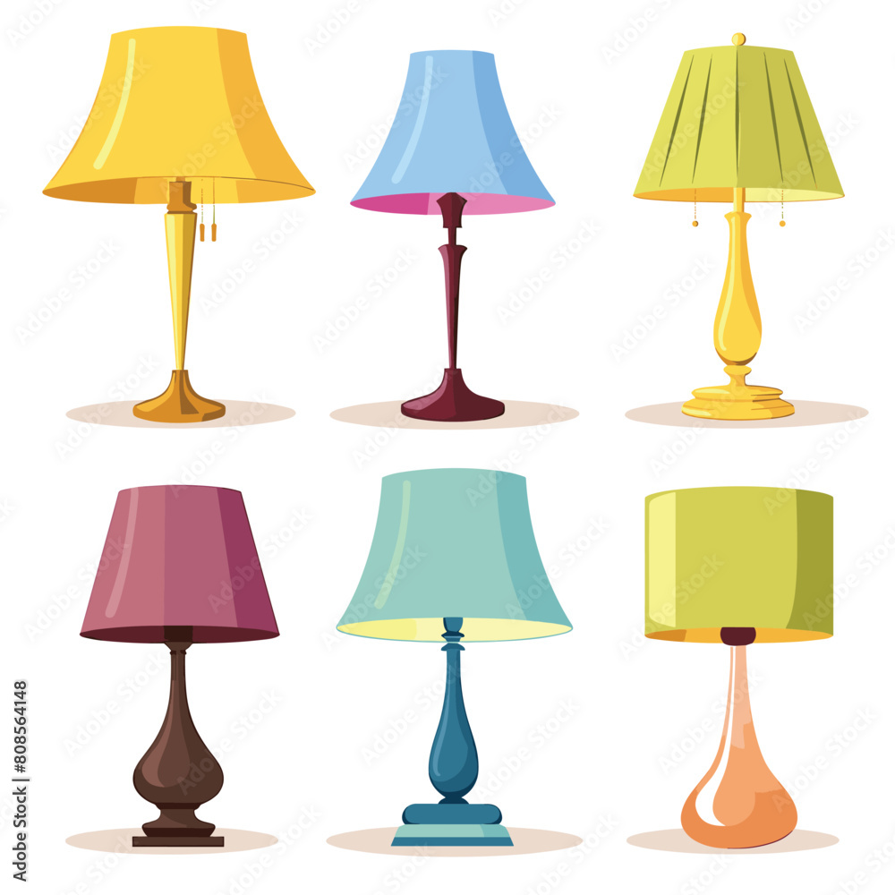 Collection colorful table lamps different styles designs home decoration. Modern classic light fixtures bright colors shapes interior design isolated white background. Assortment six lampshades Collection colorful table lamps different styles designs home decoration. Modern classic light fixtures bright colors shapes interior design isolated white background. Assortment six lampshades