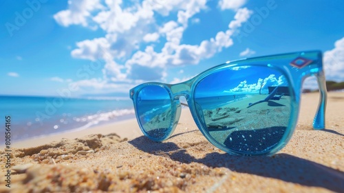 Sunglasses on the sandy beach in summer and the blue sky