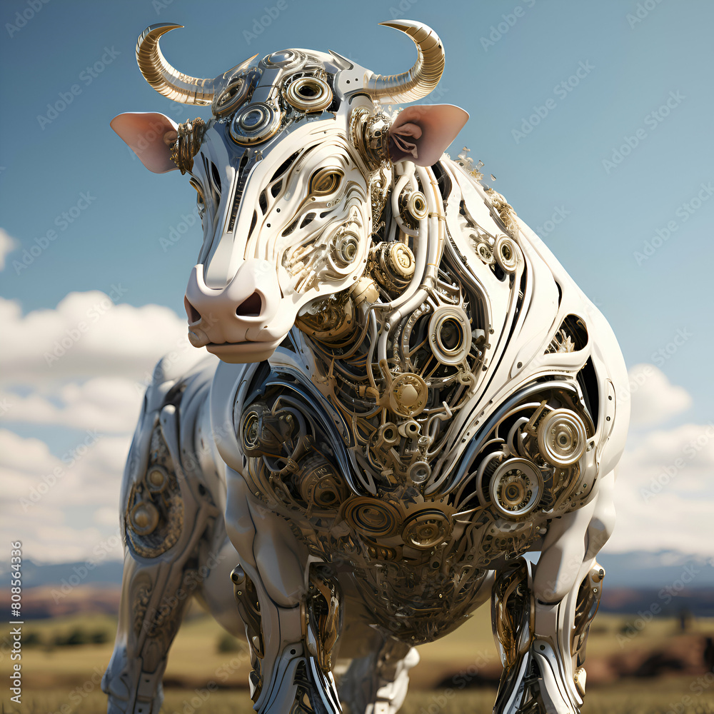 Obraz na plátně 3d rendering of a bull in the steppe against the blue sky