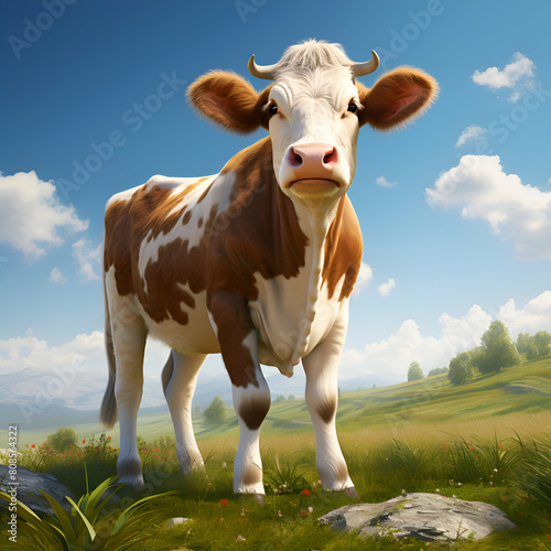 Cow on a meadow with green grass and blue sky background.