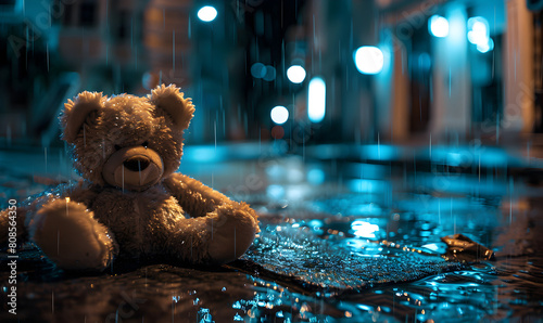 Teddy Bear with sitting in the raining and vintage filter effect blurred background of nature. A forlorn teddy bear, rain kissed window, cocooned in bokeh warmth. photo