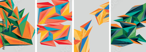 A vibrant selection of geometric shapes in orange, blue, green, and pink, set on a crisp white background. These artful patterns are perfect for textile design or creative arts projects