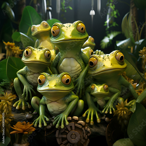 3D render of a group of yellow frogs sitting on a piece of wood