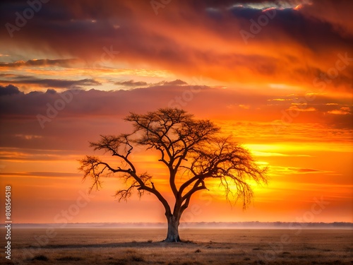 A tree stands alone in a field with a beautiful sunset in the background